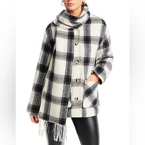 NWT Aqua Scarf Collar Coat in Black/White Plaid M
